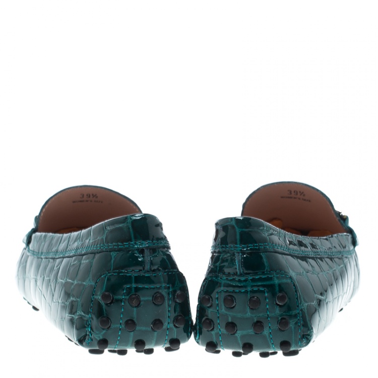 Pre Owned Tod's Emerald Green Croc Embossed Patent Leather Gommino Double T Buckle Driver Loafers Size 39.5