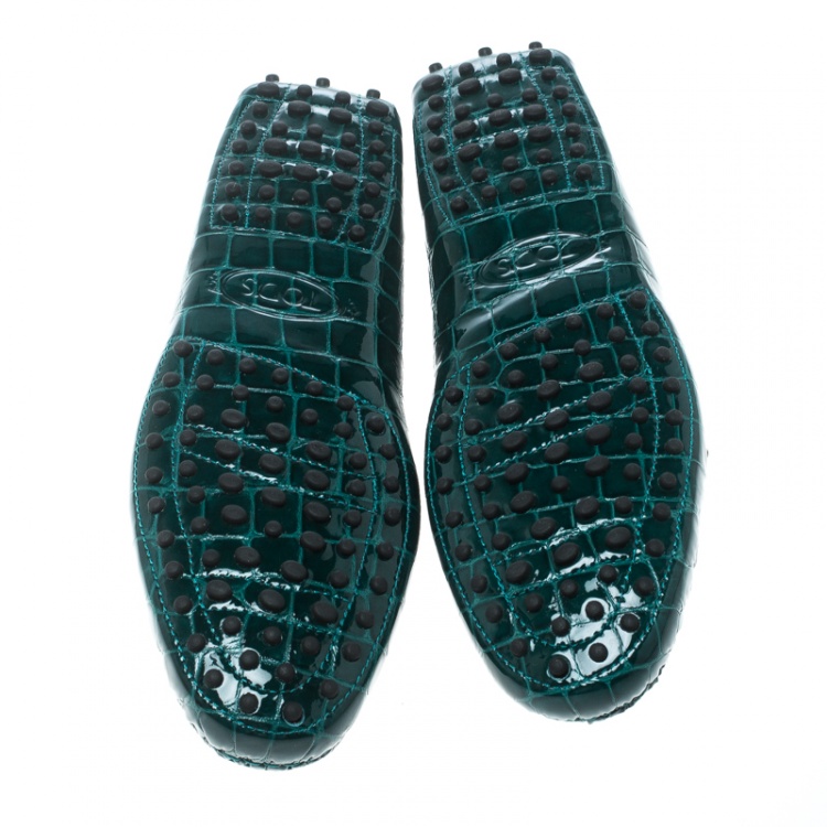 Pre Owned Tod's Emerald Green Croc Embossed Patent Leather Gommino Double T Buckle Driver Loafers Size 39.5