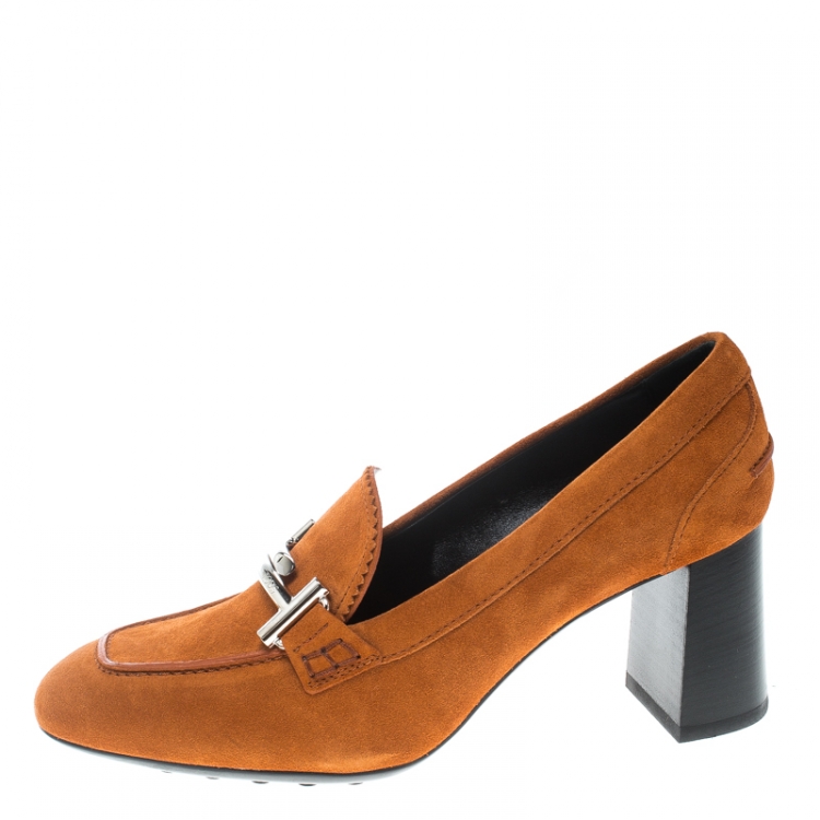 Pre Owned Tod's Orange Suede Gomma Maxi Double T Court Loafer Pumps Size 38