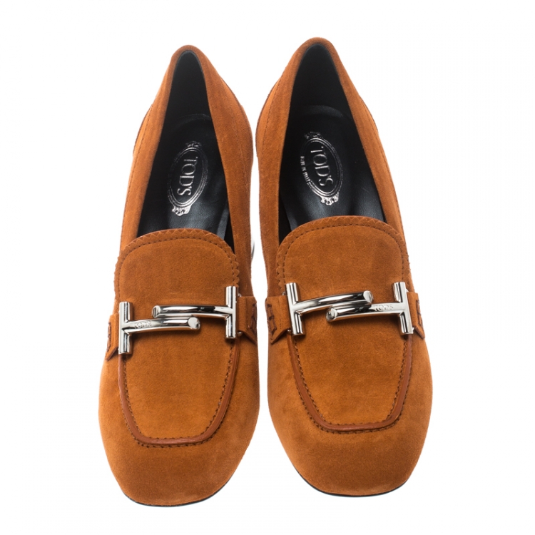 Pre Owned Tod's Orange Suede Gomma Maxi Double T Court Loafer Pumps Size 38