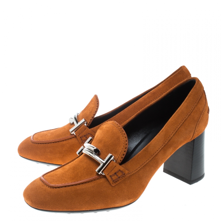 Pre Owned Tod's Orange Suede Gomma Maxi Double T Court Loafer Pumps Size 38