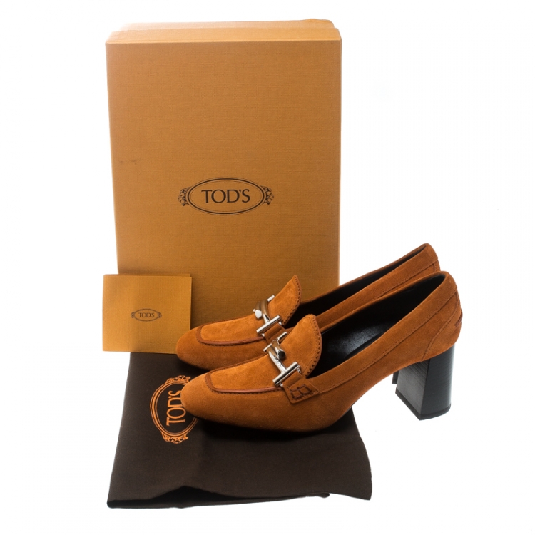 Pre Owned Tod's Orange Suede Gomma Maxi Double T Court Loafer Pumps Size 38