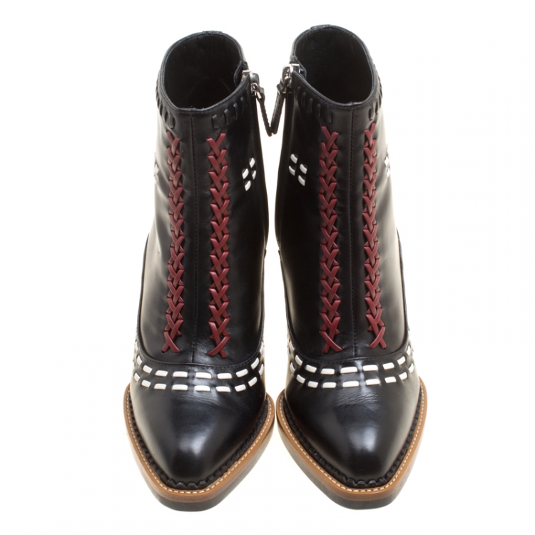 Pre Owned Tod's Black Leather Gipsy Cross Stitch Detail Block Heel Ankle Boots Size 38.5