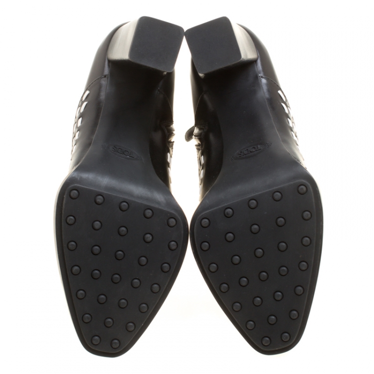 Pre Owned Tod's Black Leather Gipsy Cross Stitch Detail Block Heel Ankle Boots Size 38.5
