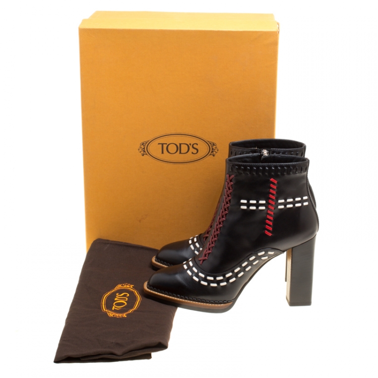 Pre Owned Tod's Black Leather Gipsy Cross Stitch Detail Block Heel Ankle Boots Size 38.5