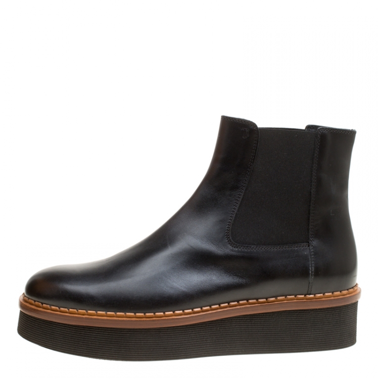 Pre Owned Tod's Black Leather Slip On Platform Ankle Boots Size 41