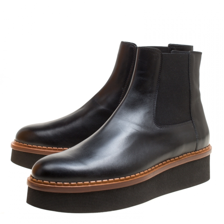 Pre Owned Tod's Black Leather Slip On Platform Ankle Boots Size 41
