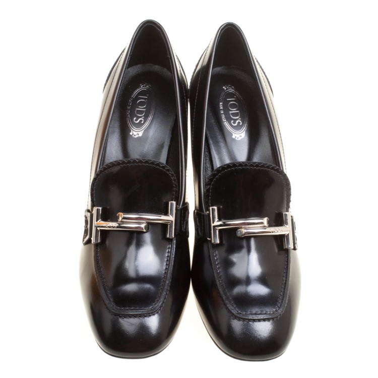 Pre Owned Tod's Black Leather Gomma Maxi Double T Court Loafer Pumps Size 38
