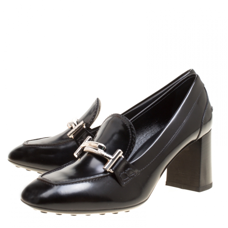 Pre Owned Tod's Black Leather Gomma Maxi Double T Court Loafer Pumps Size 38