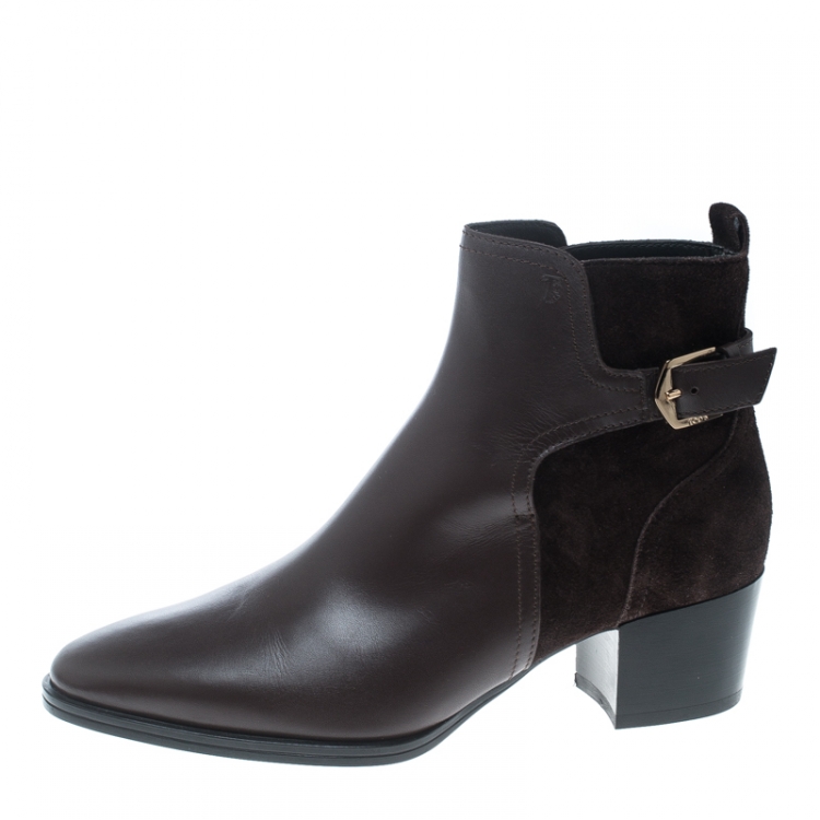 Pre Owned Tod's Brown Leather and Suede Block Heel Ankle Boots Size 37