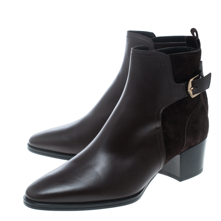 Pre Owned Tod's Brown Leather and Suede Block Heel Ankle Boots Size 37