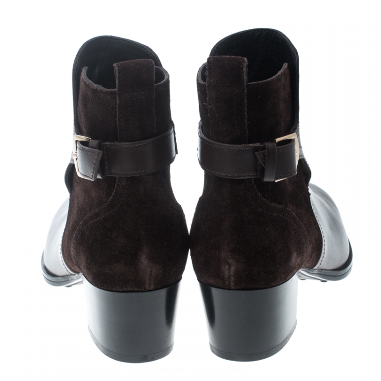 Pre Owned Tod's Brown Leather and Suede Block Heel Ankle Boots Size 37