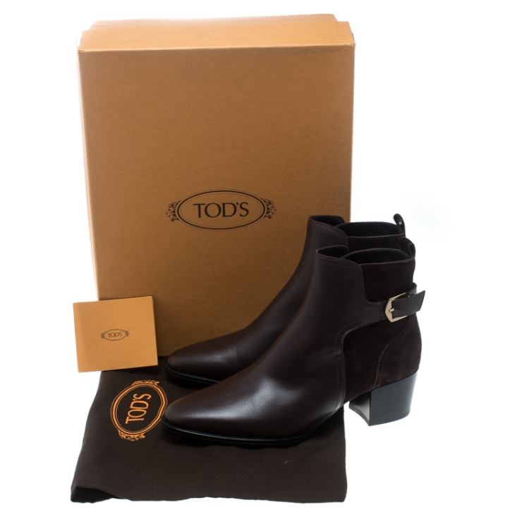 Pre Owned Tod's Brown Leather and Suede Block Heel Ankle Boots Size 37