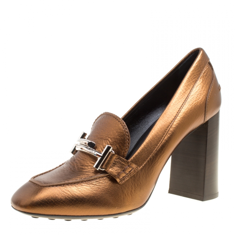Pre Owned Tod's Metallic Bronze Leather Gomma Maxi Double T Court Loafer Pumps Size 39