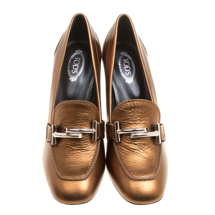 Pre Owned Tod's Metallic Bronze Leather Gomma Maxi Double T Court Loafer Pumps Size 39
