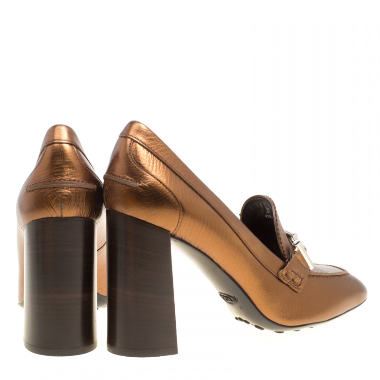 Pre Owned Tod's Metallic Bronze Leather Gomma Maxi Double T Court Loafer Pumps Size 39
