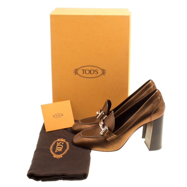 Pre Owned Tod's Metallic Bronze Leather Gomma Maxi Double T Court Loafer Pumps Size 39