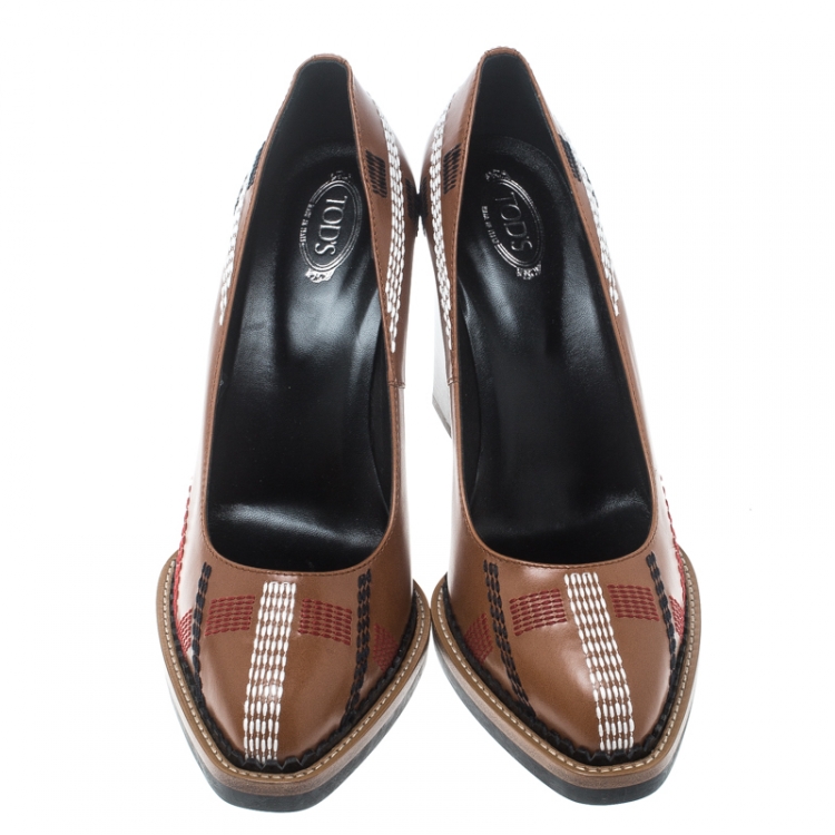Pre Owned Tod's Brown Leather Stitch Detail Block Heel Pumps Size 38.5