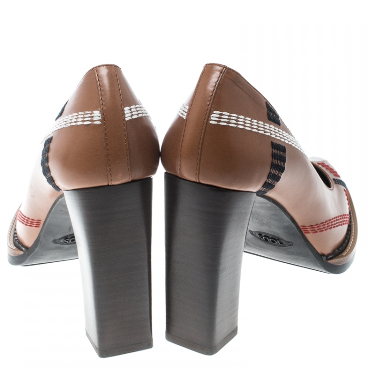 Pre Owned Tod's Brown Leather Stitch Detail Block Heel Pumps Size 38.5