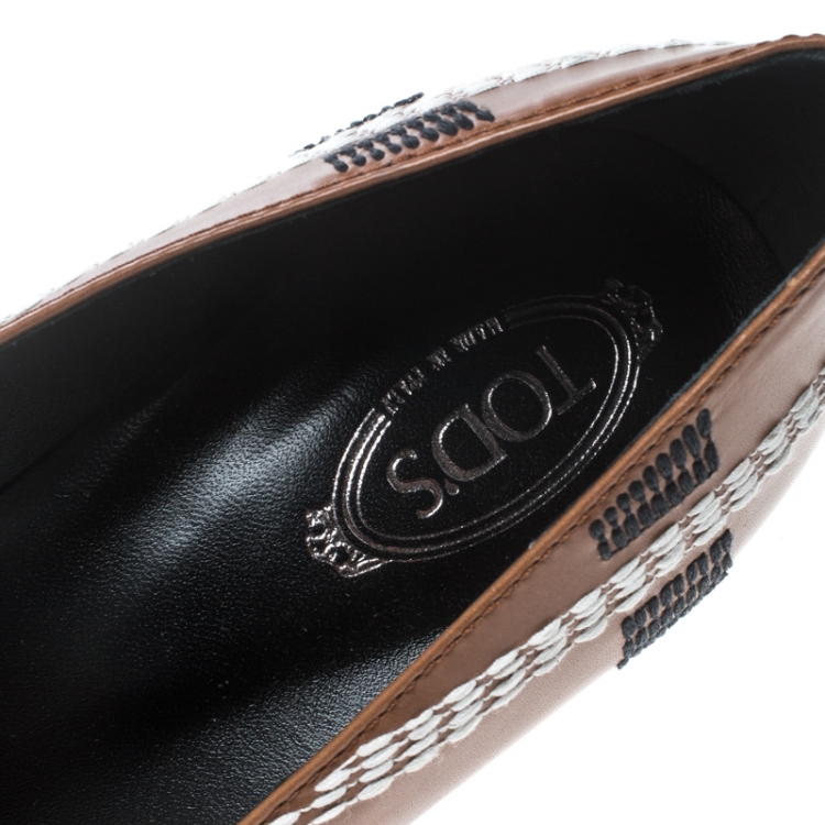 Pre Owned Tod's Brown Leather Stitch Detail Block Heel Pumps Size 38.5