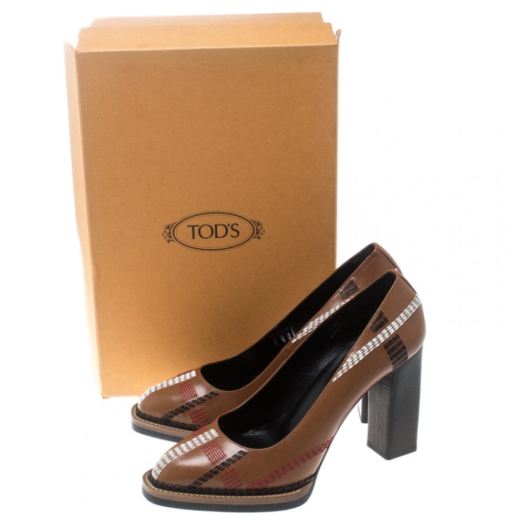 Pre Owned Tod's Brown Leather Stitch Detail Block Heel Pumps Size 38.5