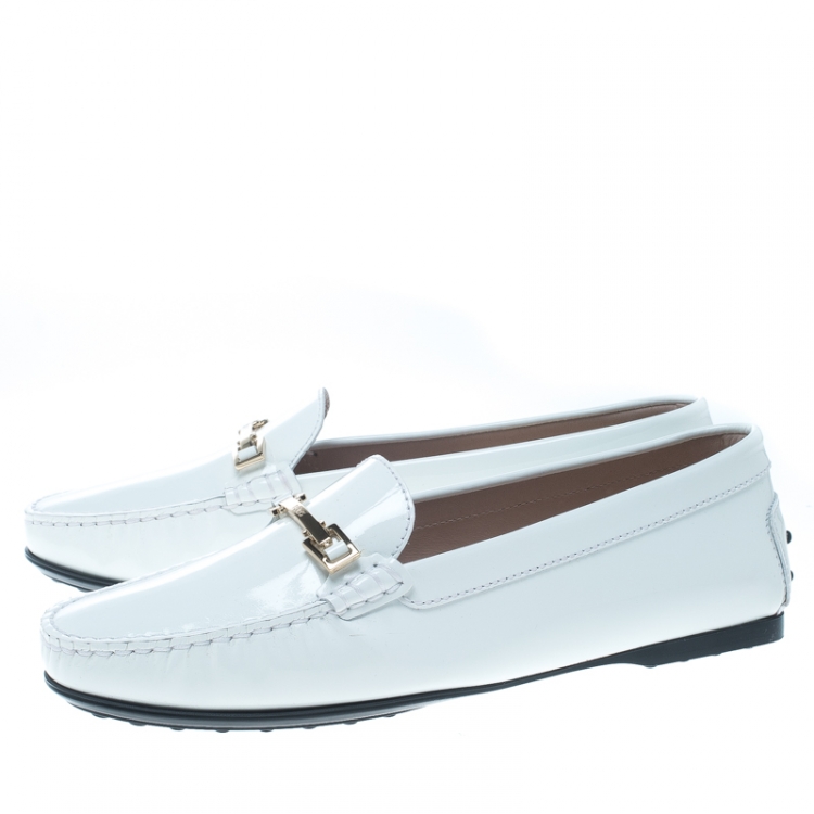 Pre Owned Tod's White Patent Leather Horsebit Loafers Size 40