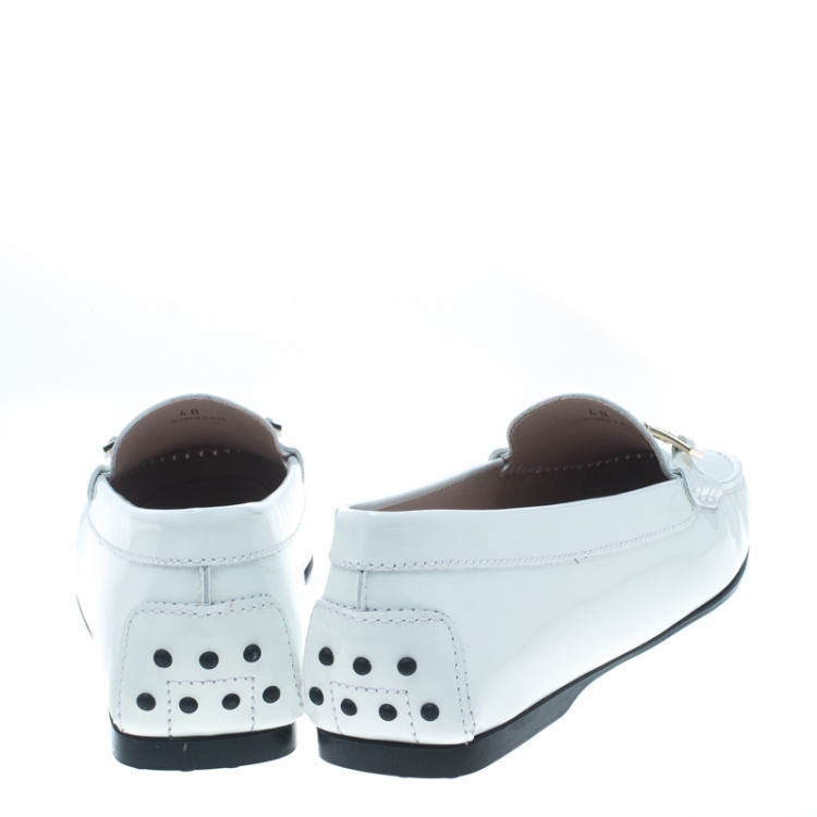 Pre Owned Tod's White Patent Leather Horsebit Loafers Size 40