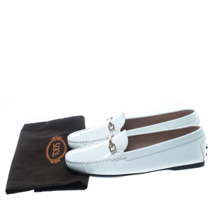 Pre Owned Tod's White Patent Leather Horsebit Loafers Size 40