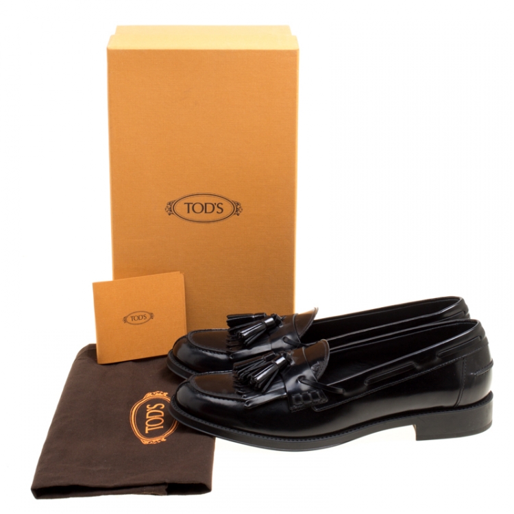 Pre Owned Tod's Black Leather Tassel Fringe Detail Loafers Size 39