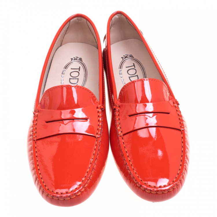 Pre Owned Tod's Orange Patent Leather Penny Loafers Size 37