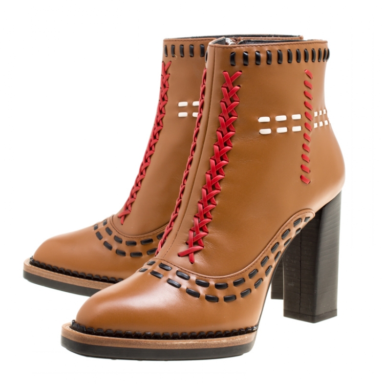 Pre Owned Tod's Brown Leather Gipsy Cross Stitch Detail Block Heel Ankle Boots Size 37.5