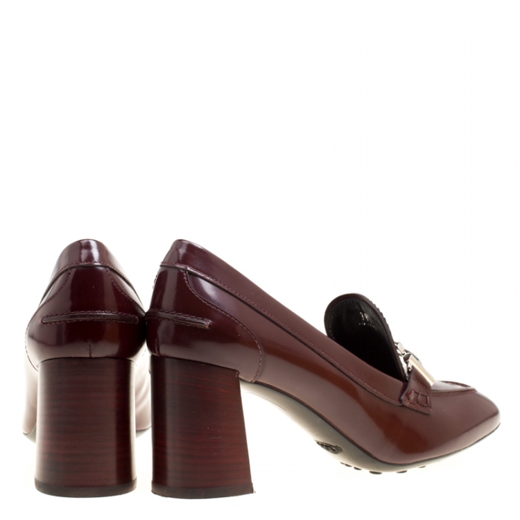 Pre Owned Tod's Burgundy Leather Gomma Maxi Double T Court Loafer Pumps Size 39.5