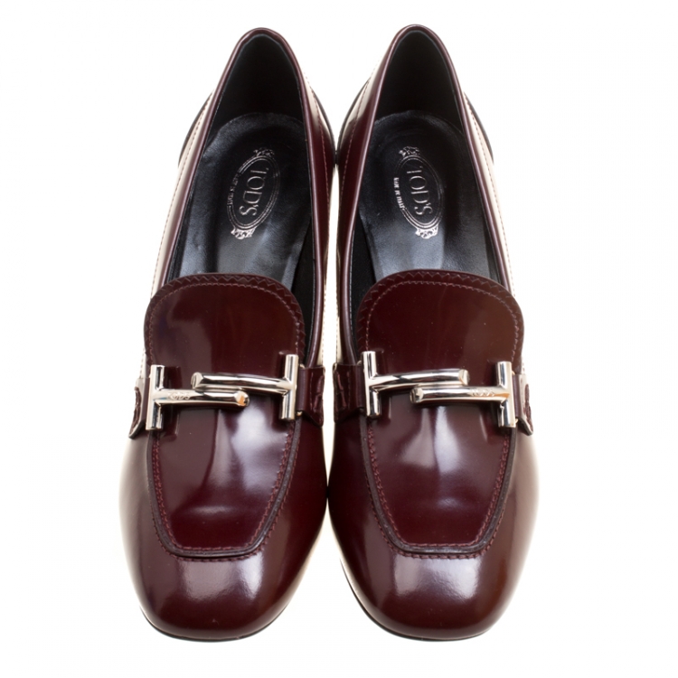 Pre Owned Tod's Burgundy Leather Gomma Maxi Double T Court Loafer Pumps Size 39.5