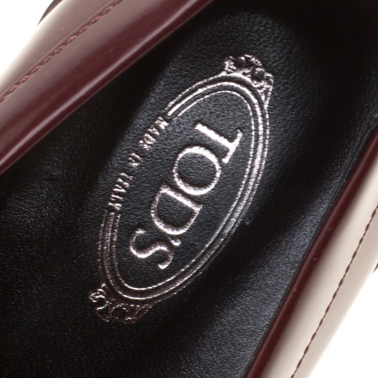 Pre Owned Tod's Burgundy Leather Gomma Maxi Double T Court Loafer Pumps Size 39.5