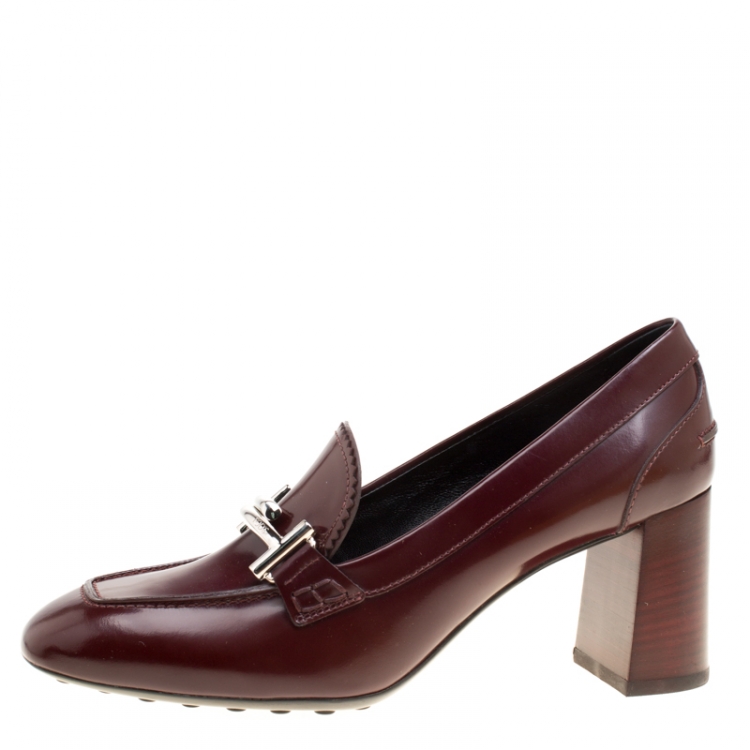 Pre Owned Tod's Burgundy Leather Gomma Maxi Double T Court Loafer Pumps Size 39.5