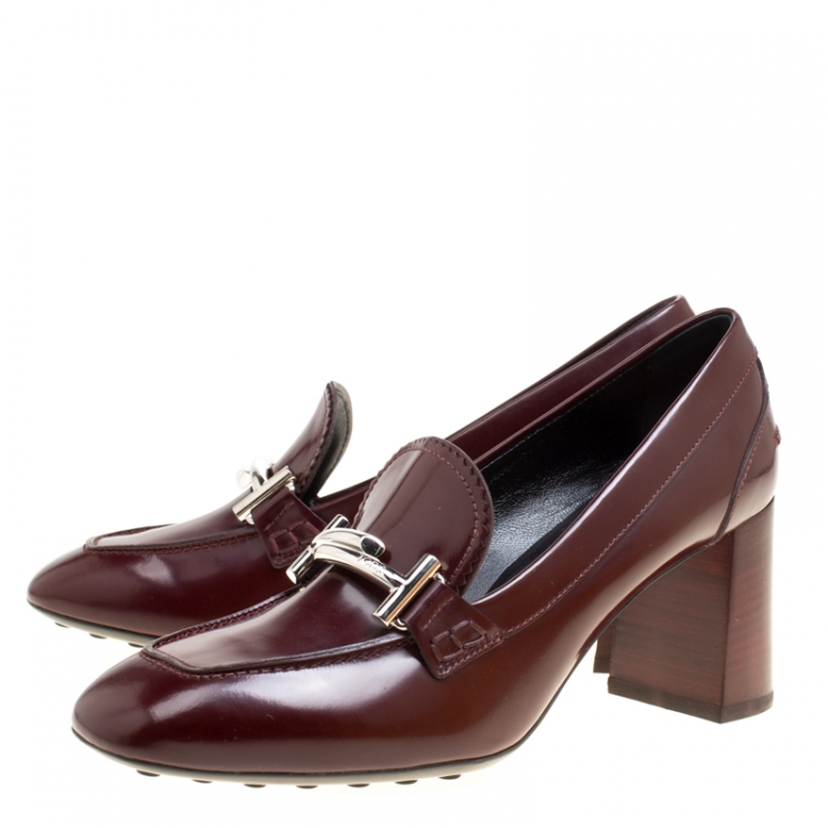Pre Owned Tod's Burgundy Leather Gomma Maxi Double T Court Loafer Pumps Size 39.5