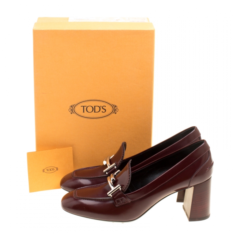 Pre Owned Tod's Burgundy Leather Gomma Maxi Double T Court Loafer Pumps Size 39.5