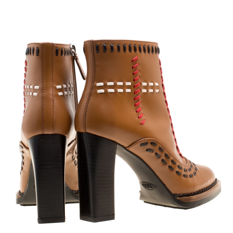 Pre Owned Tod's Brown Leather Gipsy Cross Stitch Detail Block Heel Ankle Boots Size 36