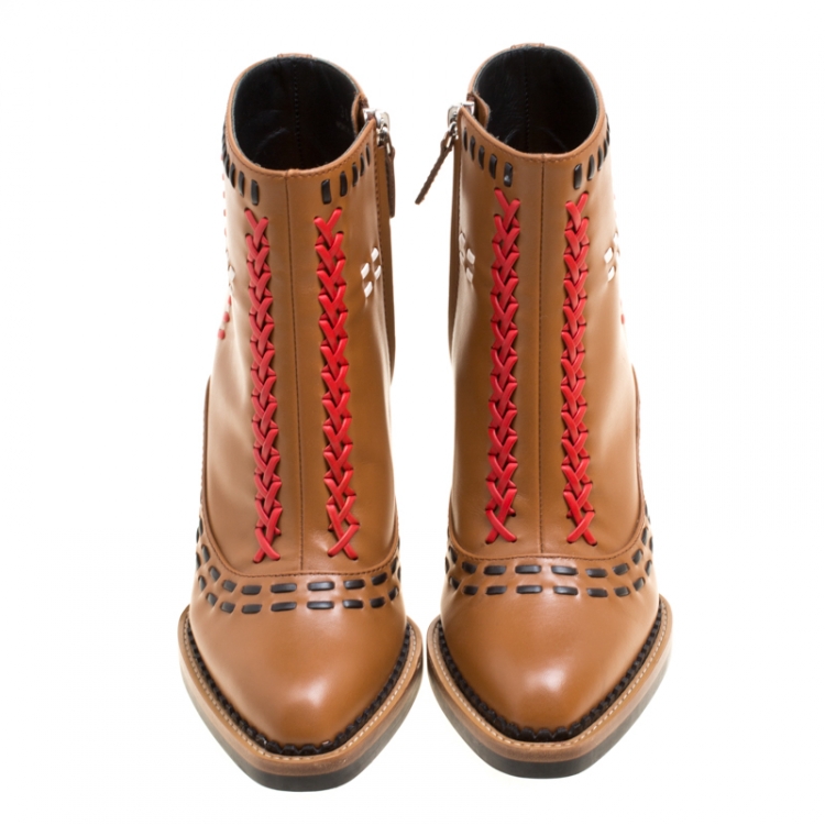 Pre Owned Tod's Brown Leather Gipsy Cross Stitch Detail Block Heel Ankle Boots Size 36