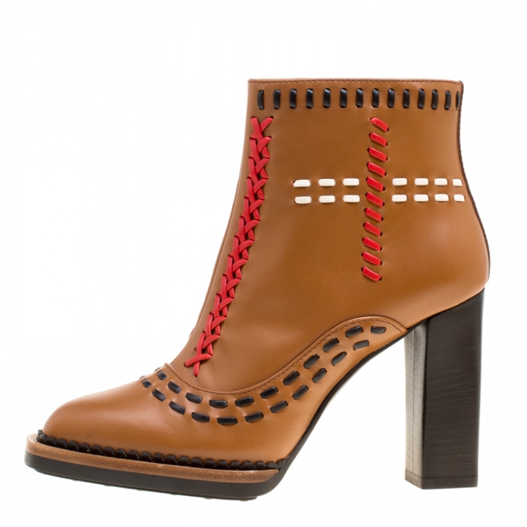 Pre Owned Tod's Brown Leather Gipsy Cross Stitch Detail Block Heel Ankle Boots Size 36