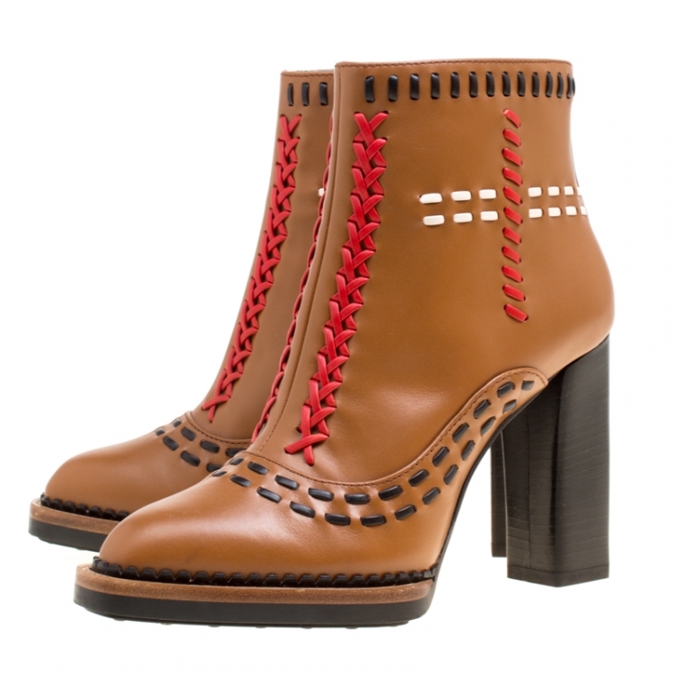 Pre Owned Tod's Brown Leather Gipsy Cross Stitch Detail Block Heel Ankle Boots Size 36