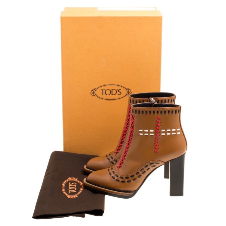 Pre Owned Tod's Brown Leather Gipsy Cross Stitch Detail Block Heel Ankle Boots Size 36