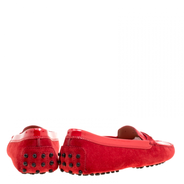 Pre Owned Tod's Red Suede and Patent Leather Penny Loafers Size 38