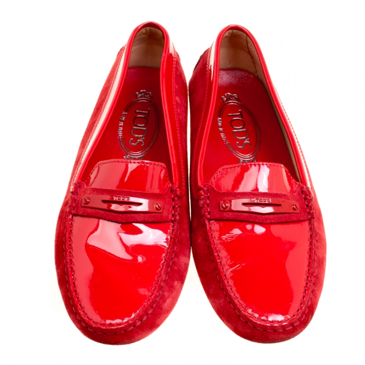 Pre Owned Tod's Red Suede and Patent Leather Penny Loafers Size 38