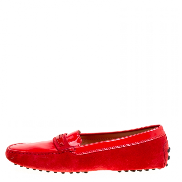 Pre Owned Tod's Red Suede and Patent Leather Penny Loafers Size 38