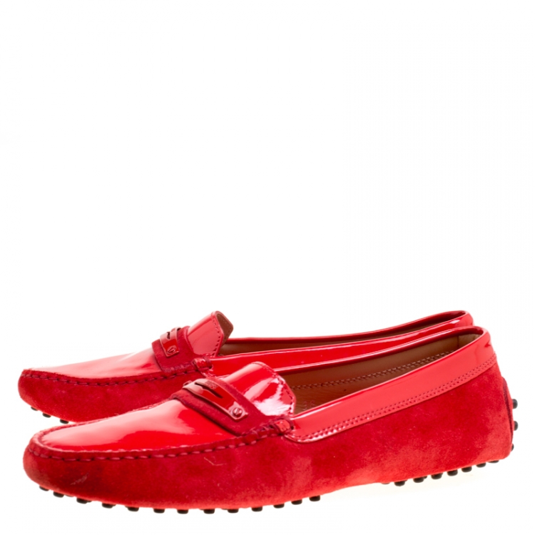 Pre Owned Tod's Red Suede and Patent Leather Penny Loafers Size 38