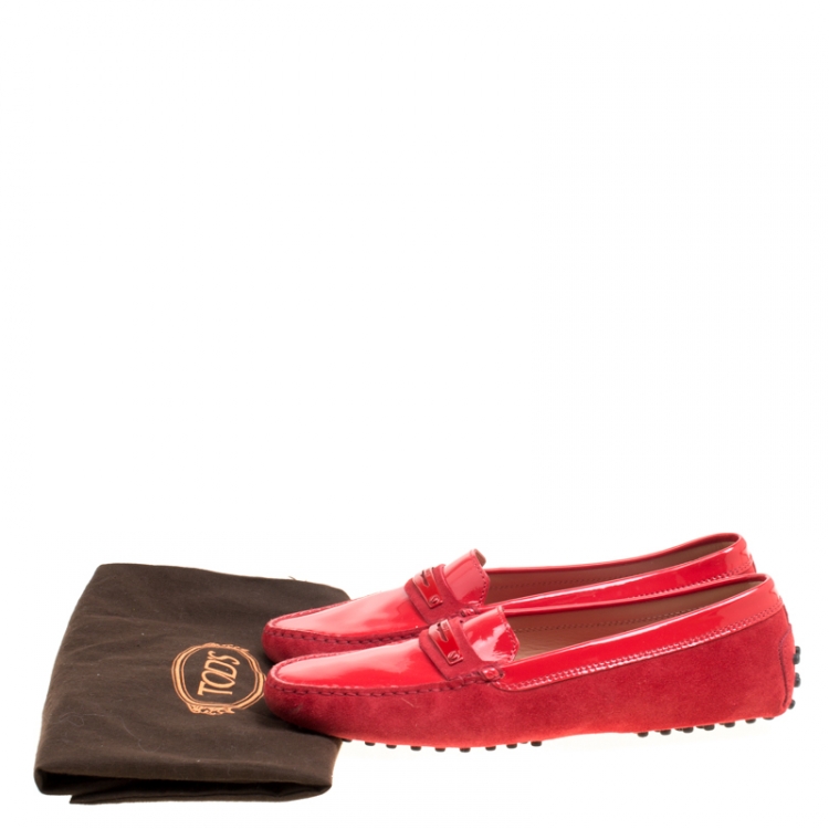 Pre Owned Tod's Red Suede and Patent Leather Penny Loafers Size 38