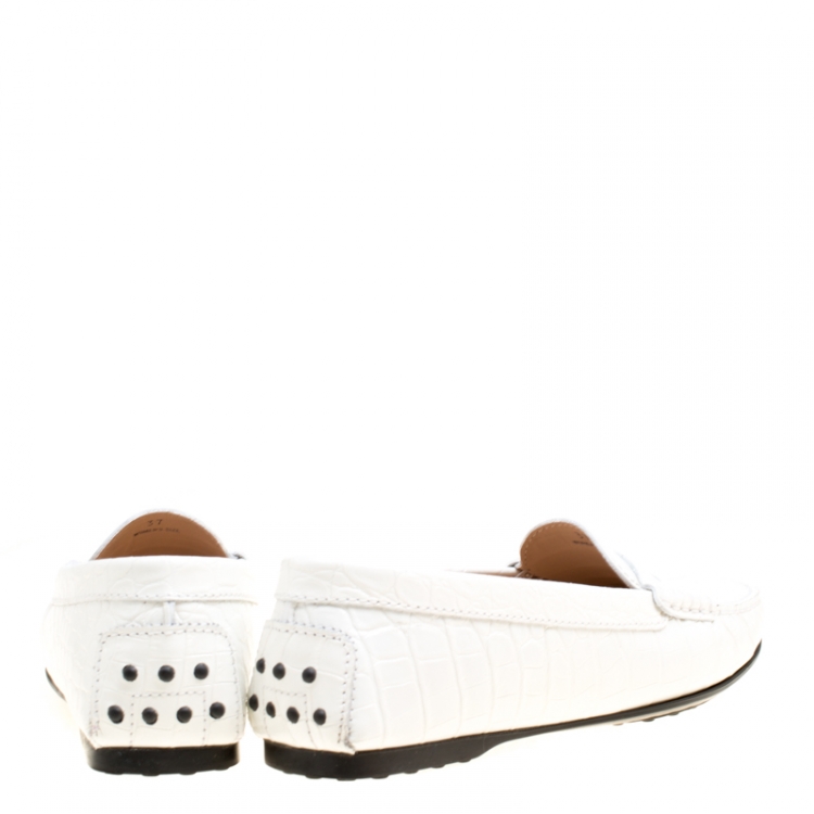 Pre Owned Tod’s White Croc Embossed Leather Penny Loafers Size 37