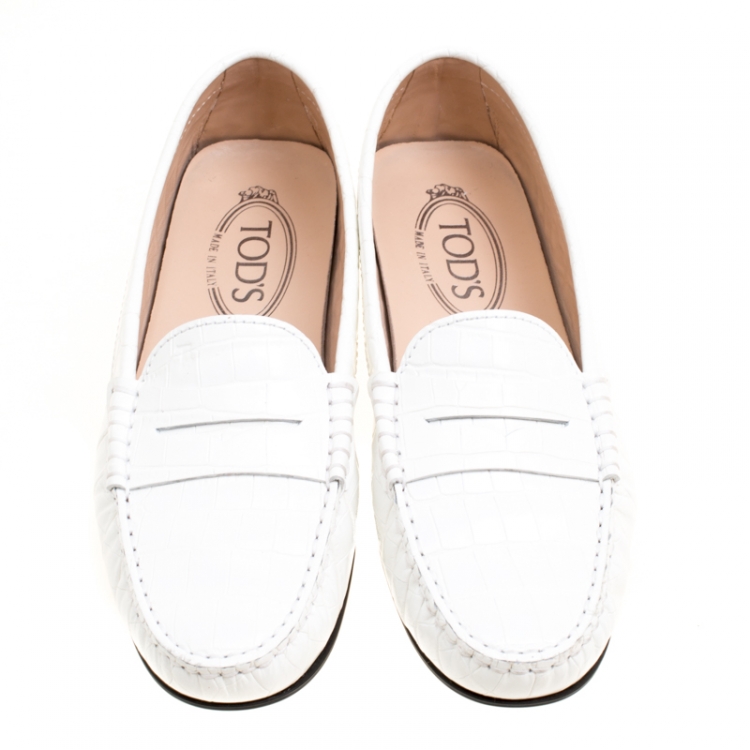 Pre Owned Tod’s White Croc Embossed Leather Penny Loafers Size 37