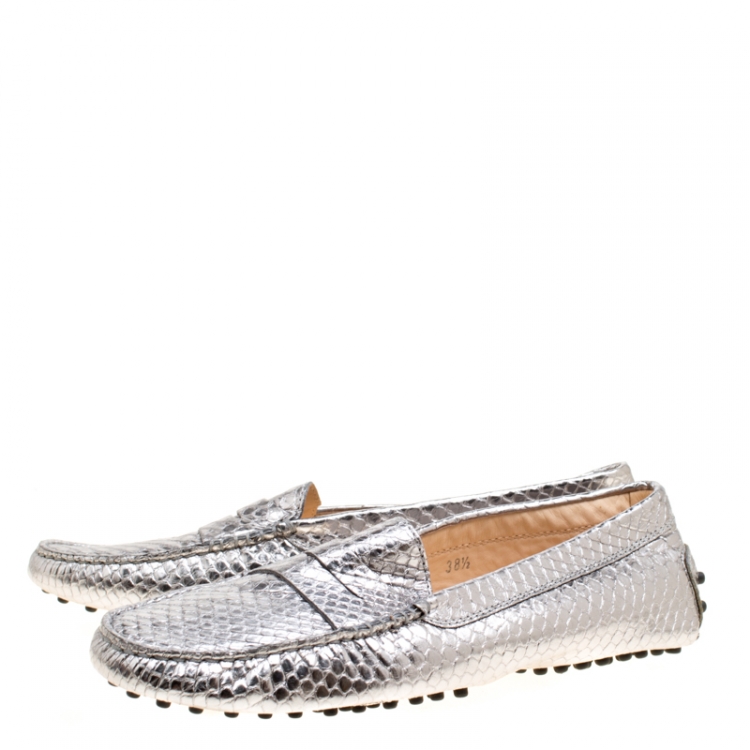 Pre Owned Tod's Metallic Silver Embossed Snakeskin Leather Penny Loafers Size 38.5